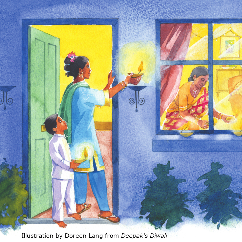 Open door! Evening on Diwali. A mother and her son light candles by the door. Illustration by Doreen Lang, text by Divya Karval, from Deepak's Diwali by Mantra Lingua