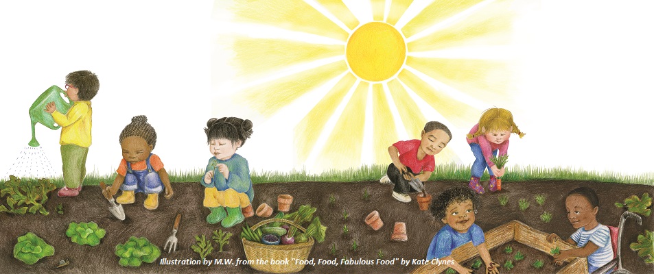 Children gardening, weeding, sowing, raking and watering together, under a big, bright sun. Illustration by M.W. from the picture book "Food, Food, Fabulous Food" by Kate Clynes