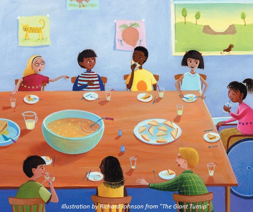Children around a table eating a large meal together. Soup and pieces of toast or bread can be seen on the table. The meal has been prepared from a single, giant turnip. Illustration by Richard Johnson from 
