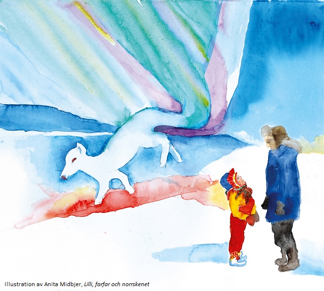 Water colour of small girl and her grandpa stood in the snow with northern lights and arctic fox in the background