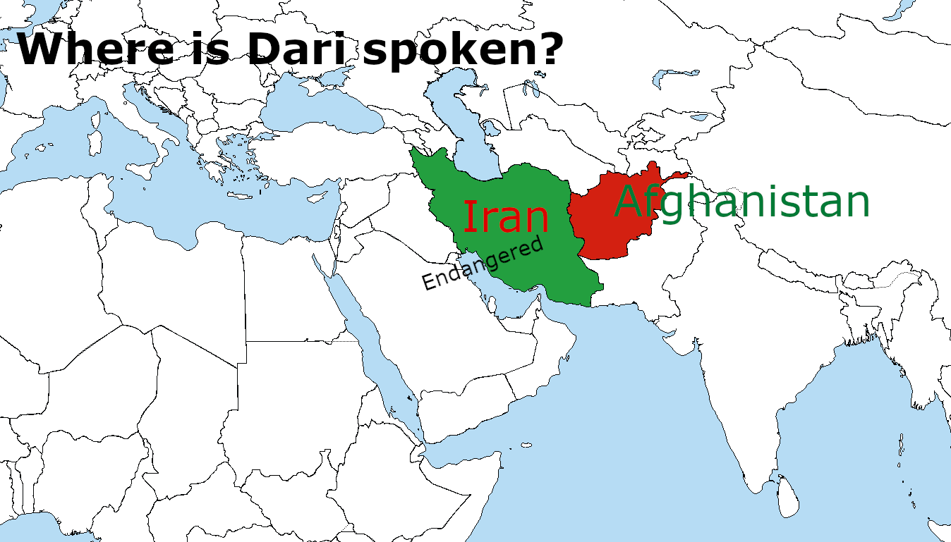 Image of Iran and Afghanistan, two main countries where Dari is spoken. Image created using https://commons.wikimedia.org/wiki/File:A_large_blank_world_map_with_oceans_marked_in_blue.PNG under the Creative Commons Attribution-Share Alike 3.0 license