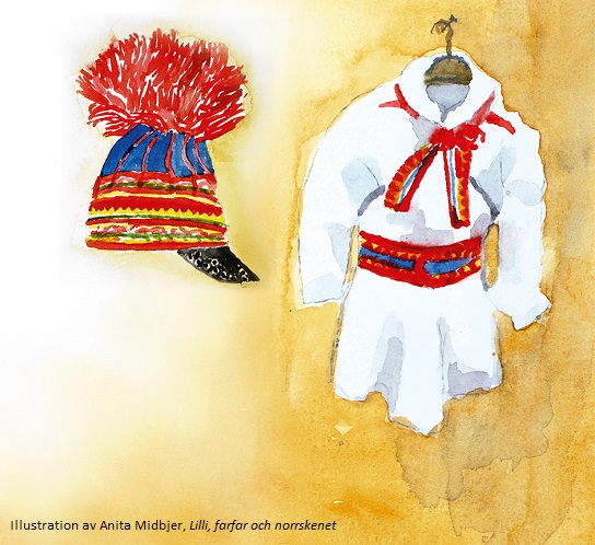 Water colour of traditional Saami garments, a hat and coat, by Anita Midbjer