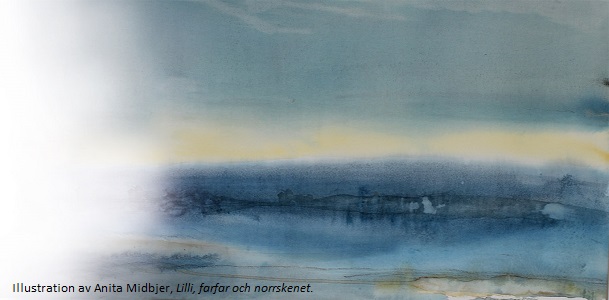 Illustration in water colour of dark landscape as sun sets in Sapmi, illustration by Anita Midbjer from the book Lilli, Grandpa and the Northern Lights