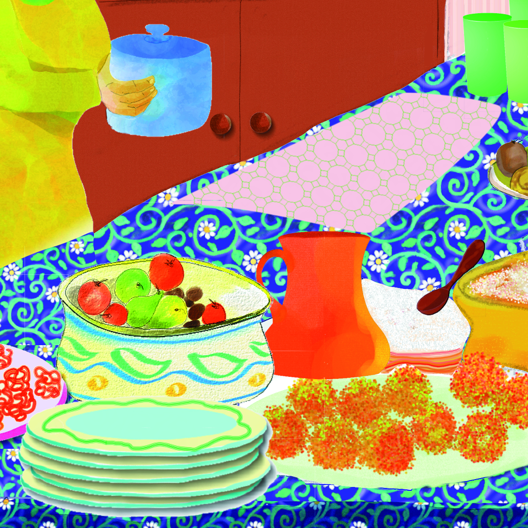 Illustration from Samira's Eid by Enebor Attard, a table laden with fresh fruit and dishes for the feast of Eid al Fitr