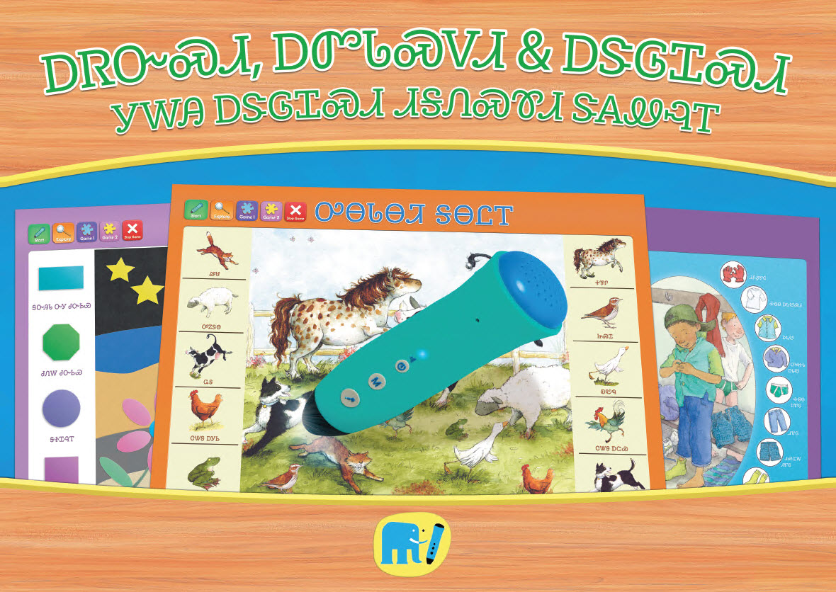 Cover image of the flipchart collection Touch, Listen and Learn in Cherokee language. The cover shows some of the flipcharts inside, and the talking pen PENpal that you would use to listen to the audio-enabled flipcharts