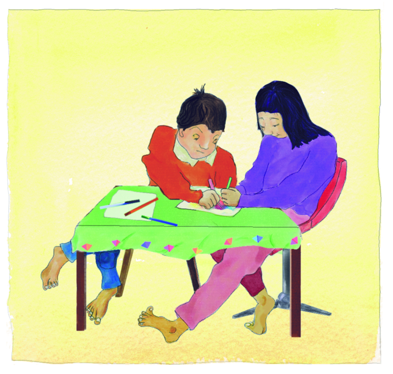 Illustration from Samira's Eid by Enebor Attard, Samira and her brother sitting at a table making cards for their relatives and friends