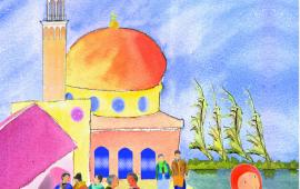 Illustration from Samira's Eid by Enebor Attard, people standing in front of a mosque