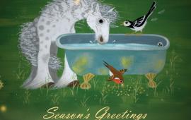 Illustration of horse, wagtail and robin drinking water together, from Mungo Makes New Friends