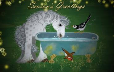 Illustration of horse, wagtail and robin drinking water together, from Mungo Makes New Friends