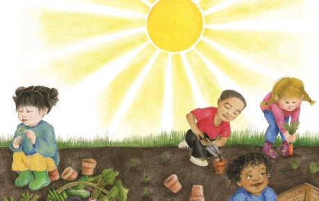 Children tending to a garden together under a bright sun.