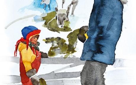 Water colour of Lilli and her Grandpa stood by the reindeer, feeding them lichen. 