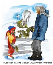 Water colour of Lilli and her Grandpa stood by the reindeer, feeding them lichen. 